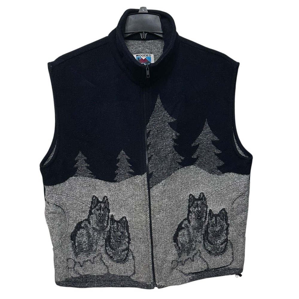 Vintage Wooded River Wool Blend Vest Mens XL Blue Grey Wolves Night Sky Gorpcore
